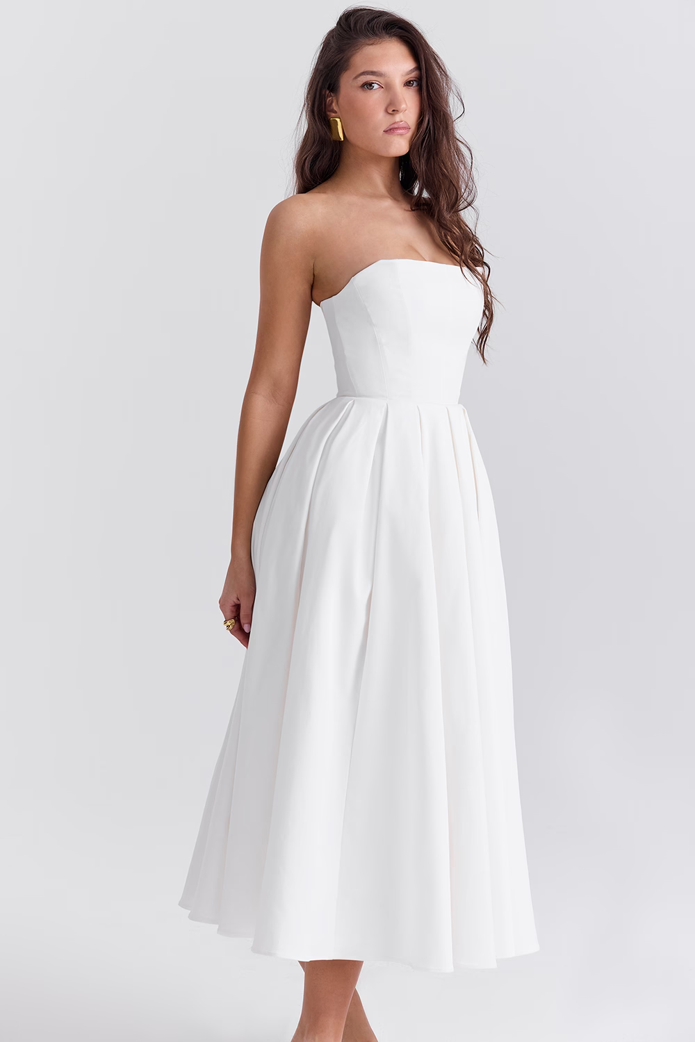 Vestido Feminino Branco Liso Midi Sem Alça Modelo Audrey