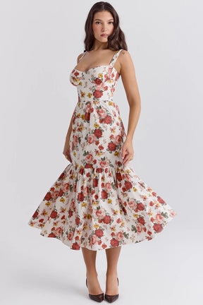 Vestido Midi Floral Modelador de Algodão Modelo Elia