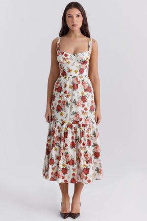 Vestido Midi Floral Modelador de Algodão Modelo Elia