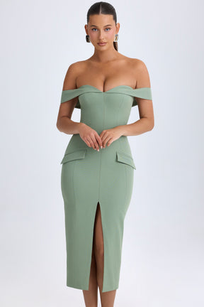 Vestido Midi Ombro a Ombro em Verde Caqui