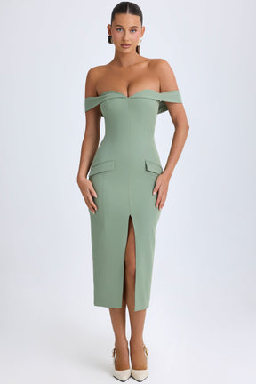 Vestido Midi Ombro a Ombro em Verde Caqui