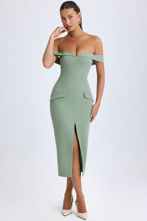 Vestido Midi Ombro a Ombro em Verde Caqui