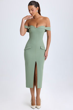 Vestido Midi Ombro a Ombro em Verde Caqui